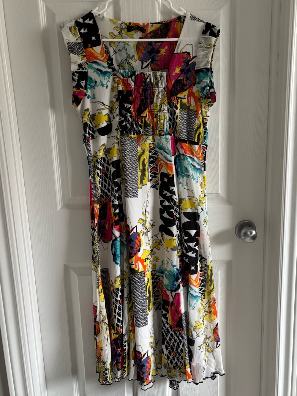 Multicolor Patchwork Smocked White Midi Dress